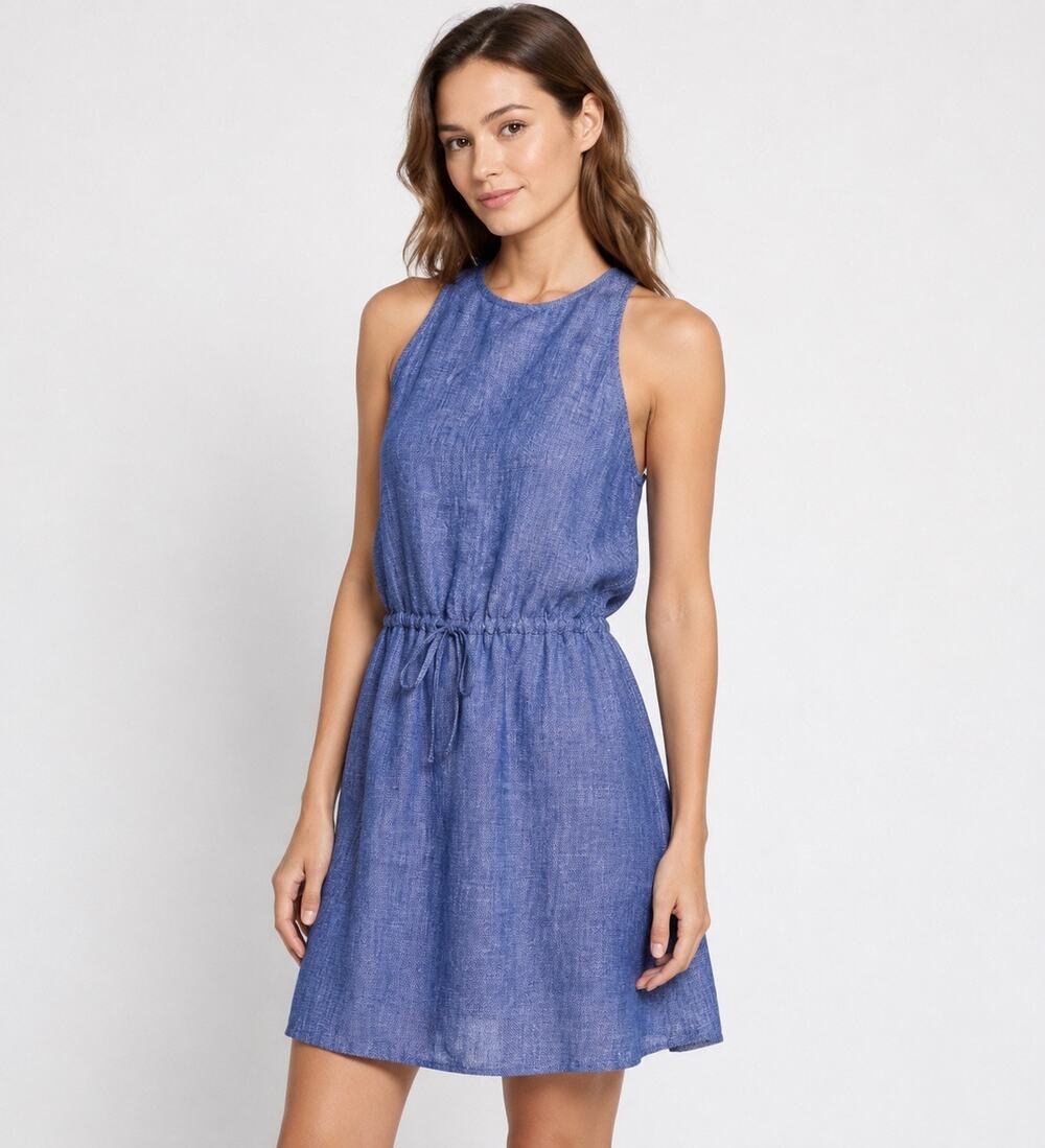 Joie Diega B 100% Linen Blue Sleeveless Drawstring Dress L $228 NWT
